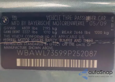 2009 BMW 335I z USA, uszkodzony, nr VIN WBAWL73599P252087